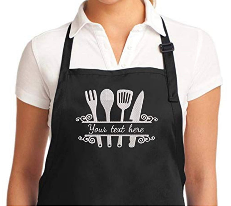 Personalized Chef Apron Embroidered Kitchen Design Aprons for Women and Men, Kitchen Chef Apron 2 Pockets and 40" Long Ties, Adjustable Bib Apron for Cooking, Serving - Black/White/Blue/Red