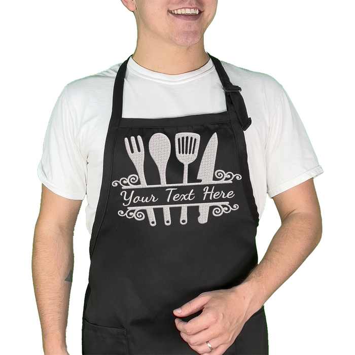 Personalized Chef Apron Embroidered Kitchen Design Aprons for Women and Men, Kitchen Chef Apron 2 Pockets and 40" Long Ties, Adjustable Bib Apron for Cooking, Serving - Black/White/Blue/Red